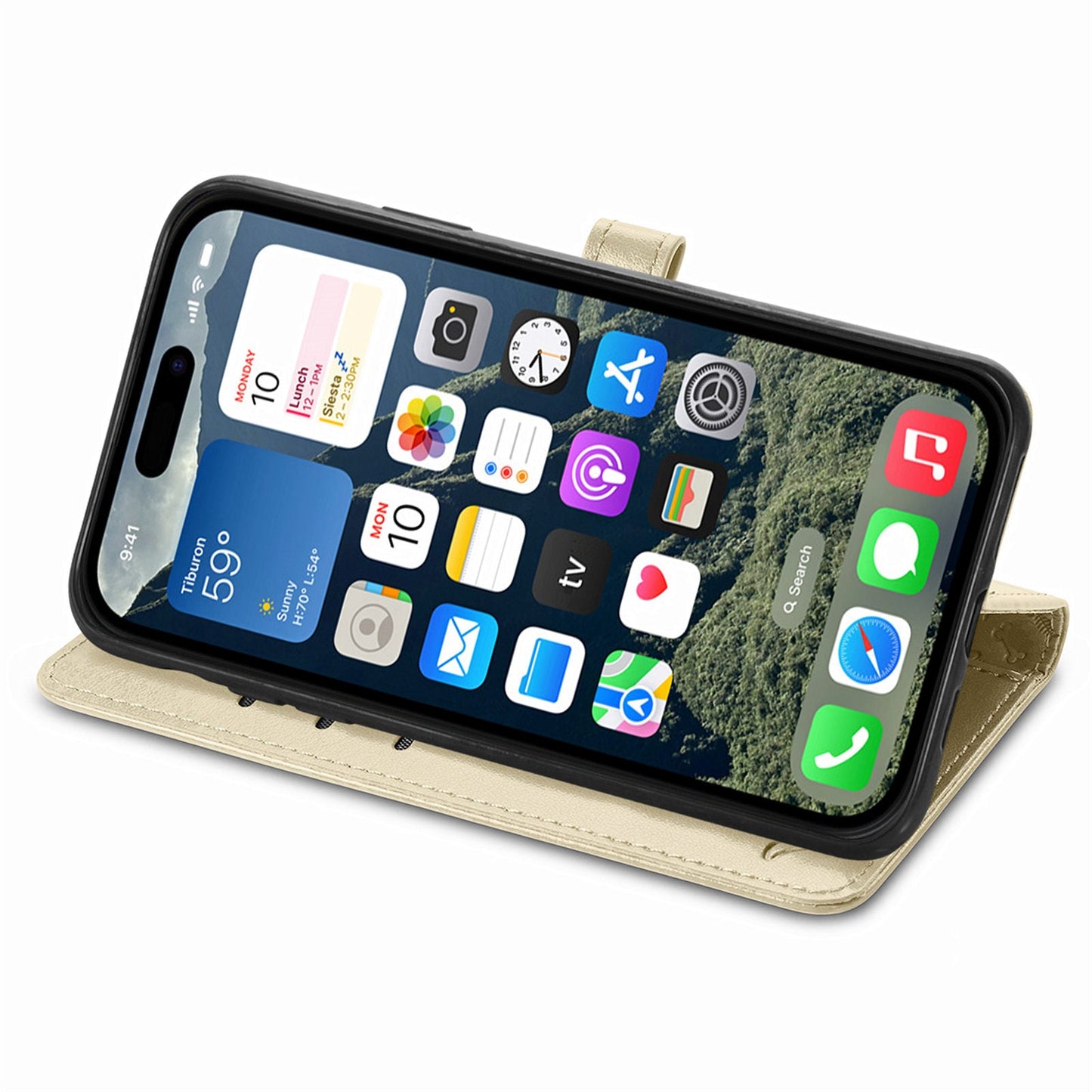 For iPhone 16e Leather Wallet Case Flip Phone Cover with Cute Cat Dog Pattern - Gold