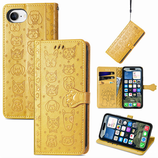 For iPhone 16e Leather Wallet Case Flip Phone Cover with Cute Cat Dog Pattern - Yellow