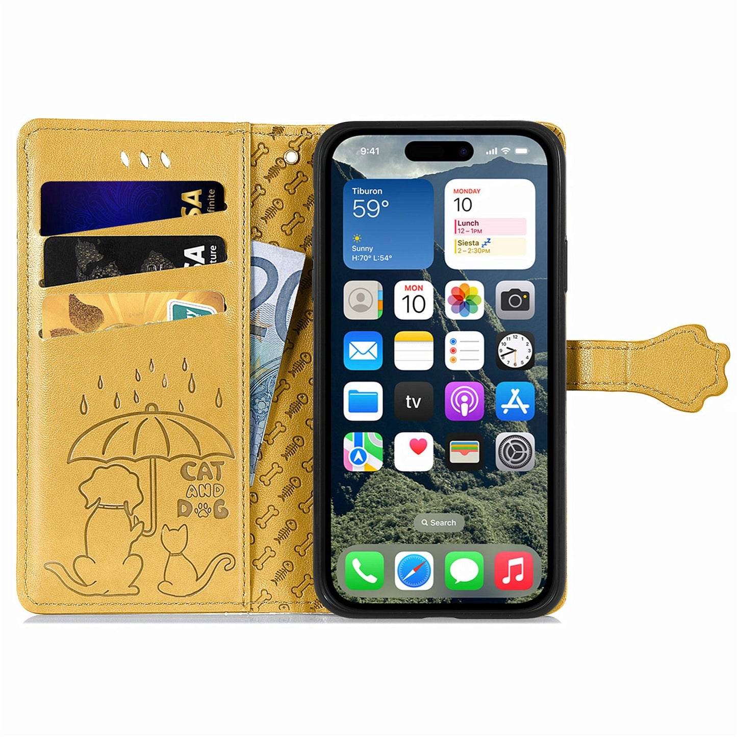 For iPhone 16e Leather Wallet Case Flip Phone Cover with Cute Cat Dog Pattern - Yellow