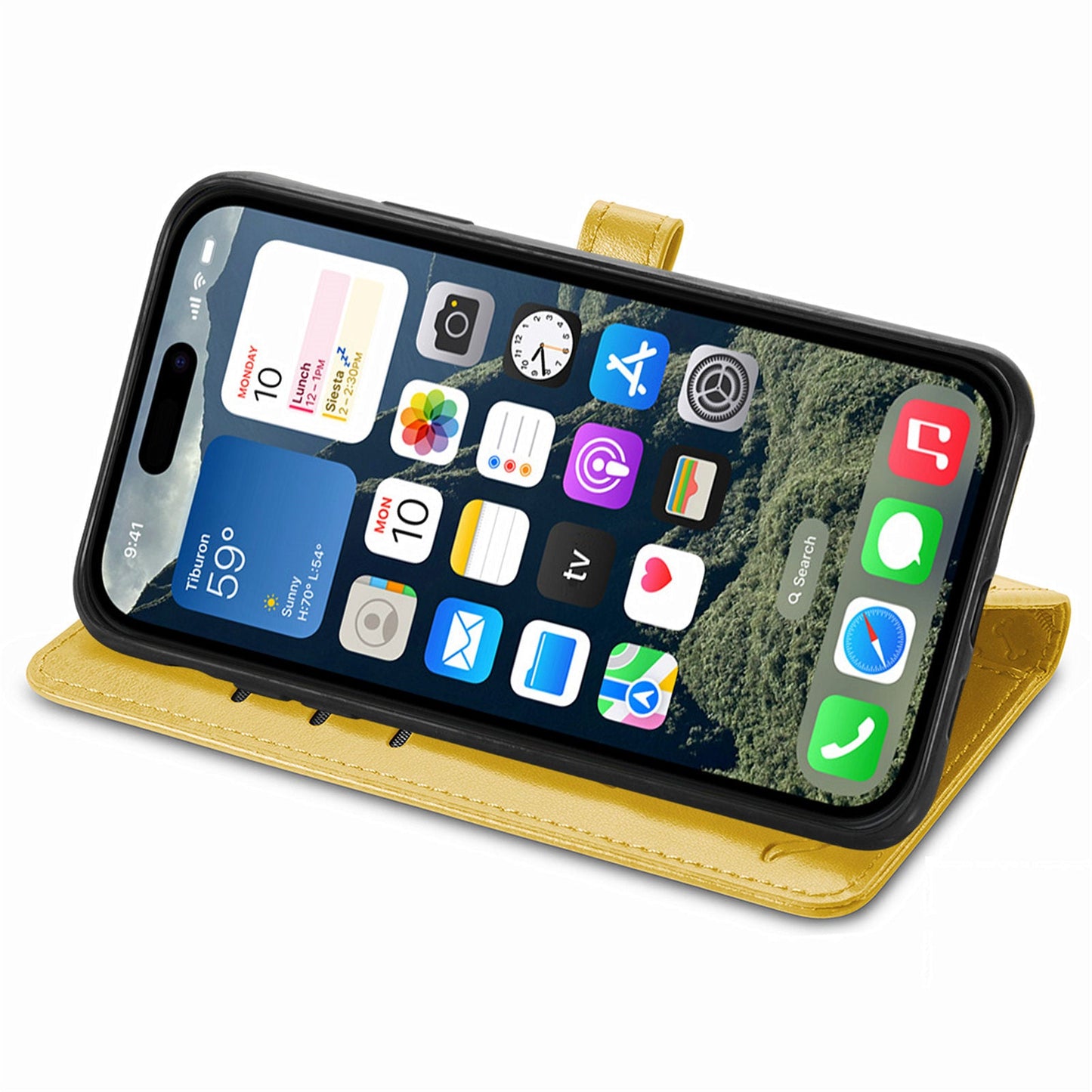 For iPhone 16e Leather Wallet Case Flip Phone Cover with Cute Cat Dog Pattern - Yellow