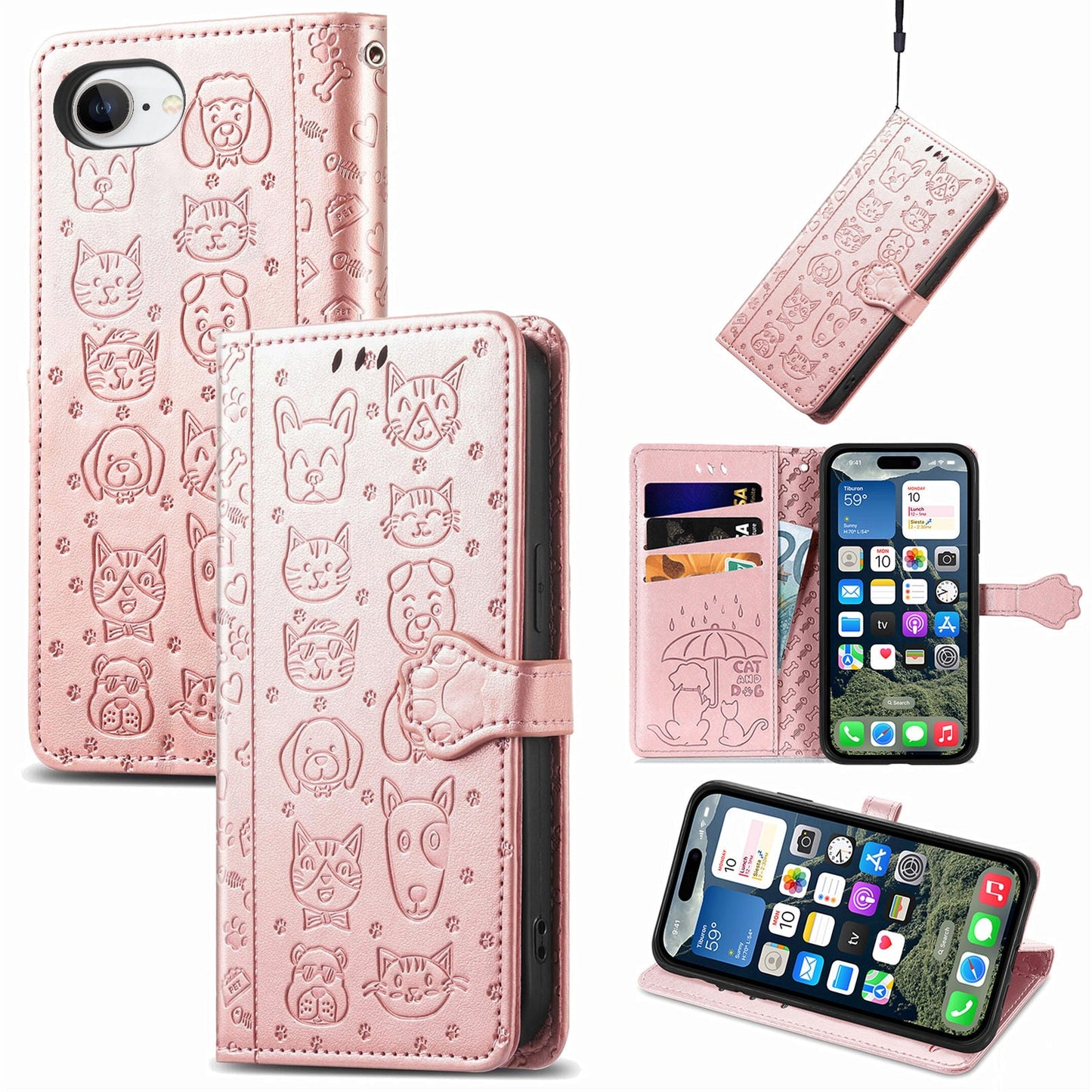 For iPhone 16e Leather Wallet Case Flip Phone Cover with Cute Cat Dog Pattern - Rose Gold