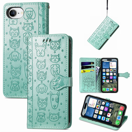 For iPhone 16e Leather Wallet Case Flip Phone Cover with Cute Cat Dog Pattern - Green