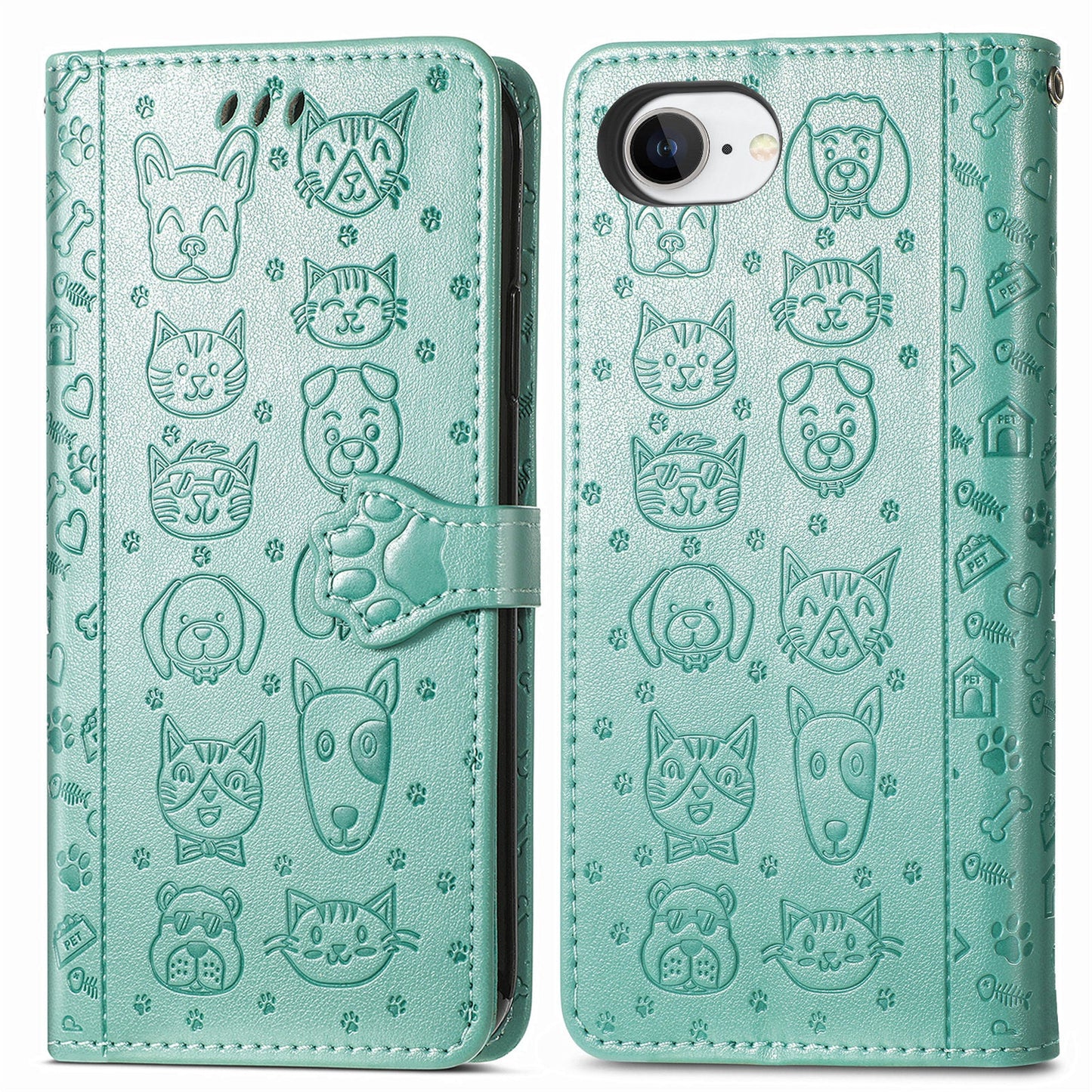 For iPhone 16e Leather Wallet Case Flip Phone Cover with Cute Cat Dog Pattern - Green