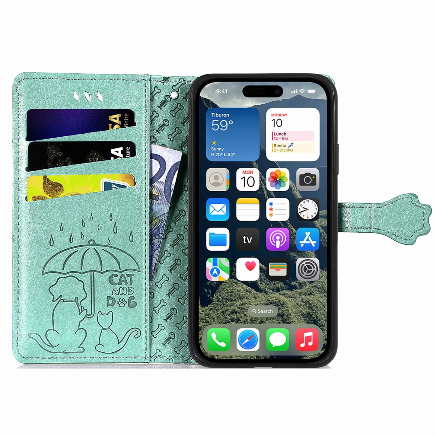 For iPhone 16e Leather Wallet Case Flip Phone Cover with Cute Cat Dog Pattern - Green