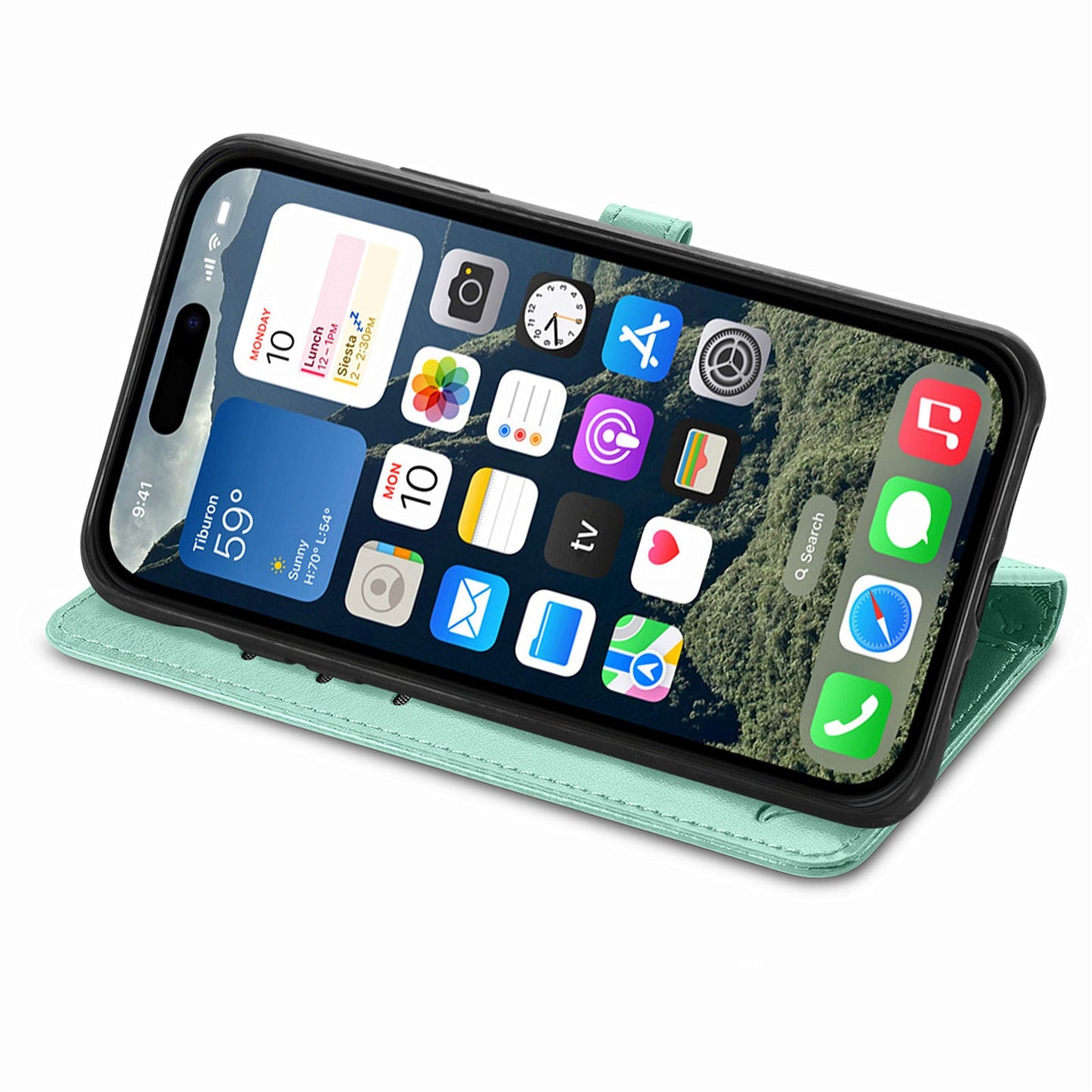 For iPhone 16e Leather Wallet Case Flip Phone Cover with Cute Cat Dog Pattern - Green