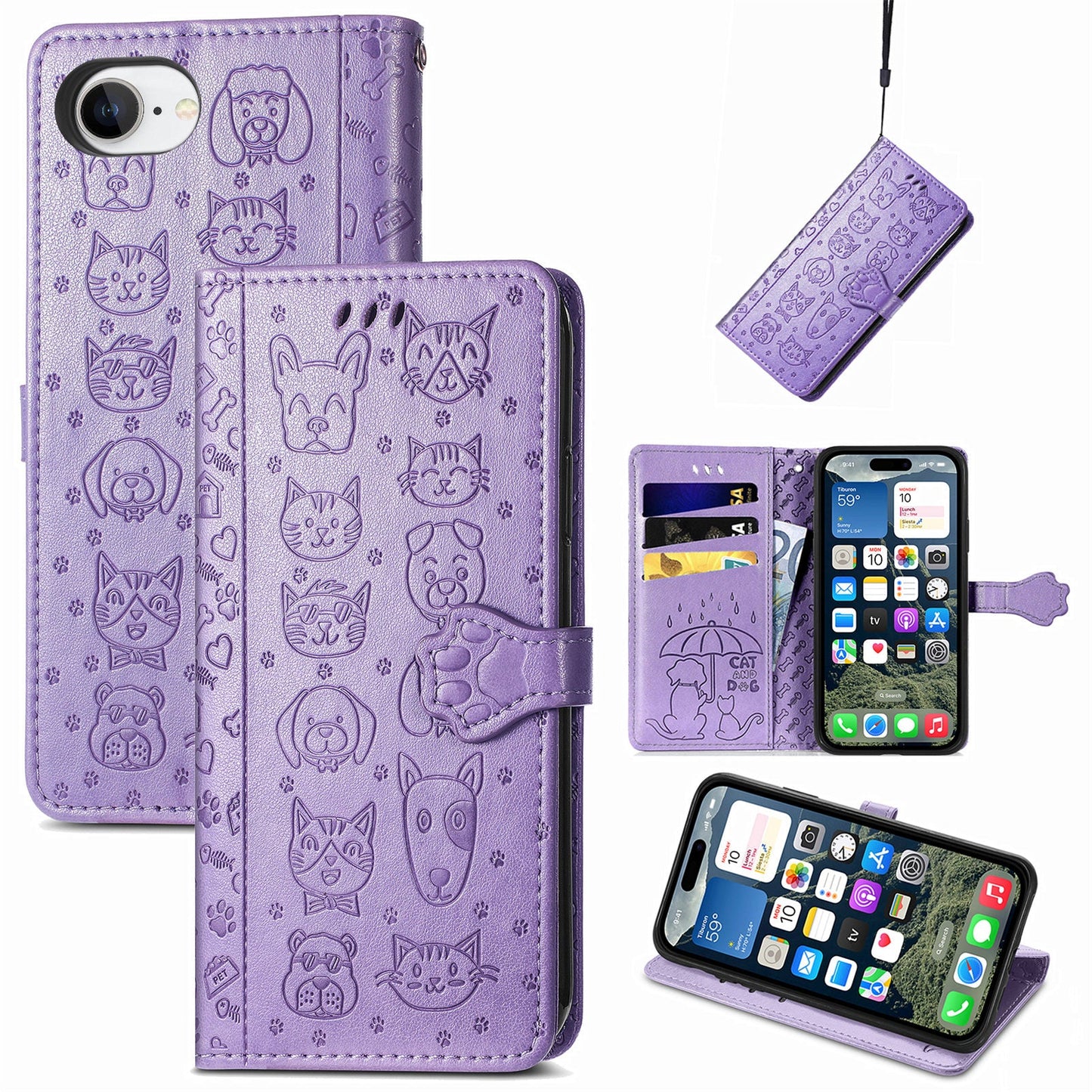 For iPhone 16e Leather Wallet Case Flip Phone Cover with Cute Cat Dog Pattern - Light Purple