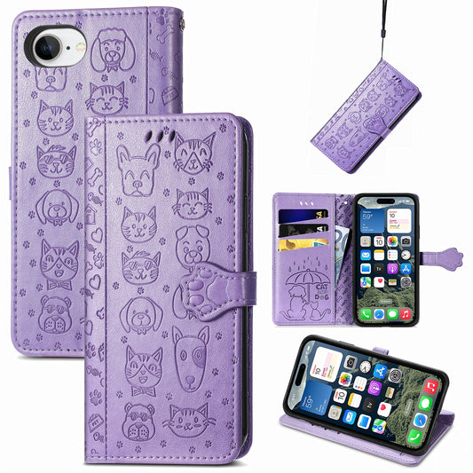 For iPhone 16e Leather Wallet Case Flip Phone Cover with Cute Cat Dog Pattern - Light Purple