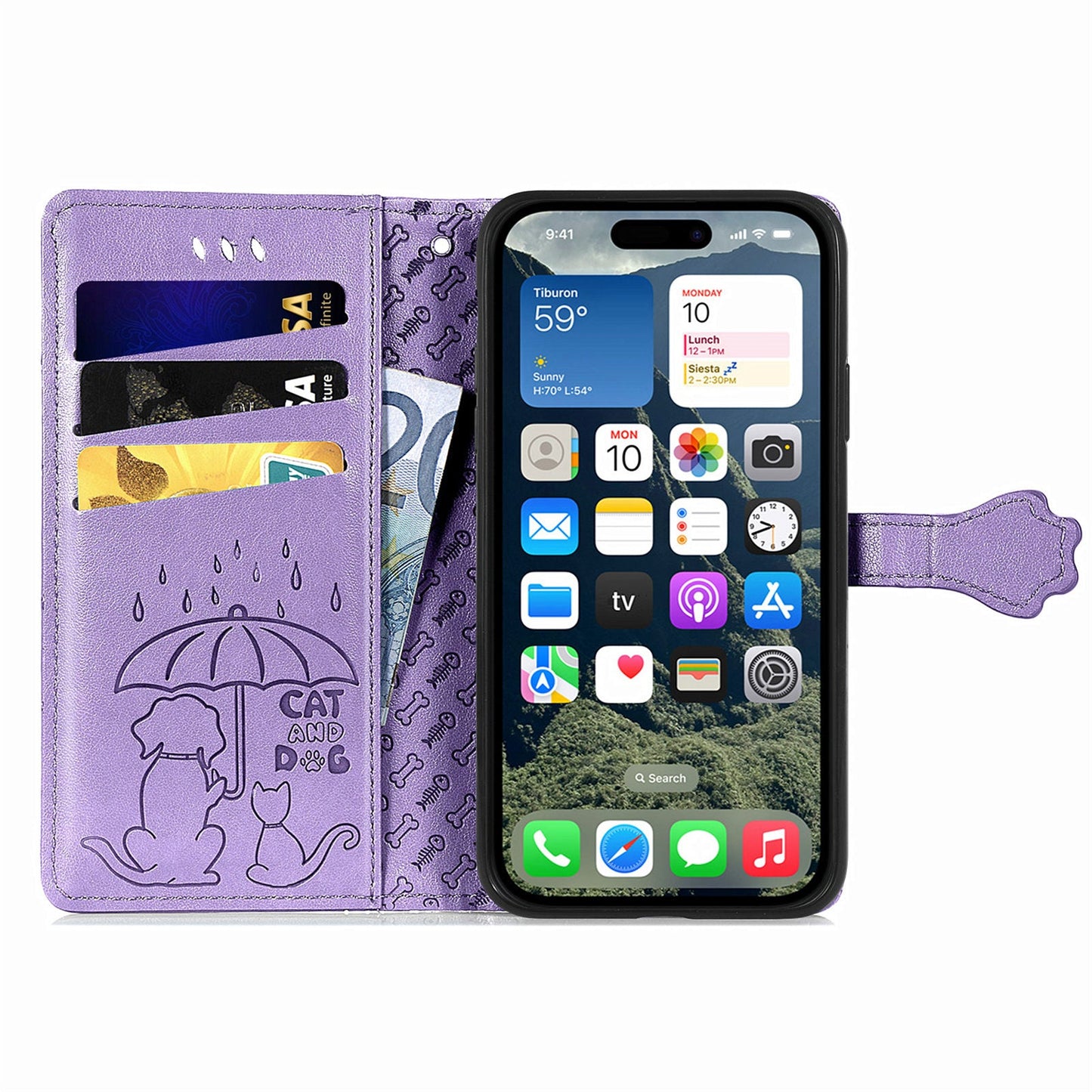 For iPhone 16e Leather Wallet Case Flip Phone Cover with Cute Cat Dog Pattern - Light Purple
