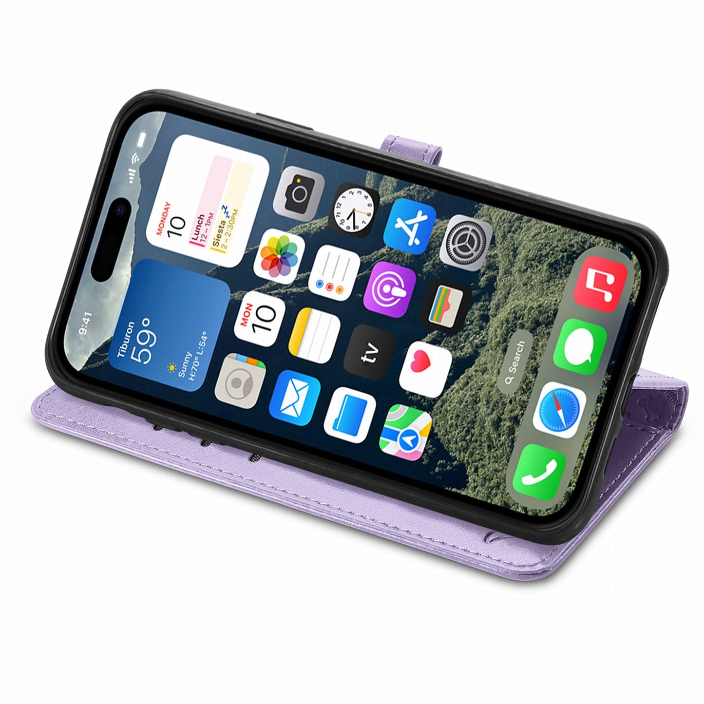 For iPhone 16e Leather Wallet Case Flip Phone Cover with Cute Cat Dog Pattern - Light Purple