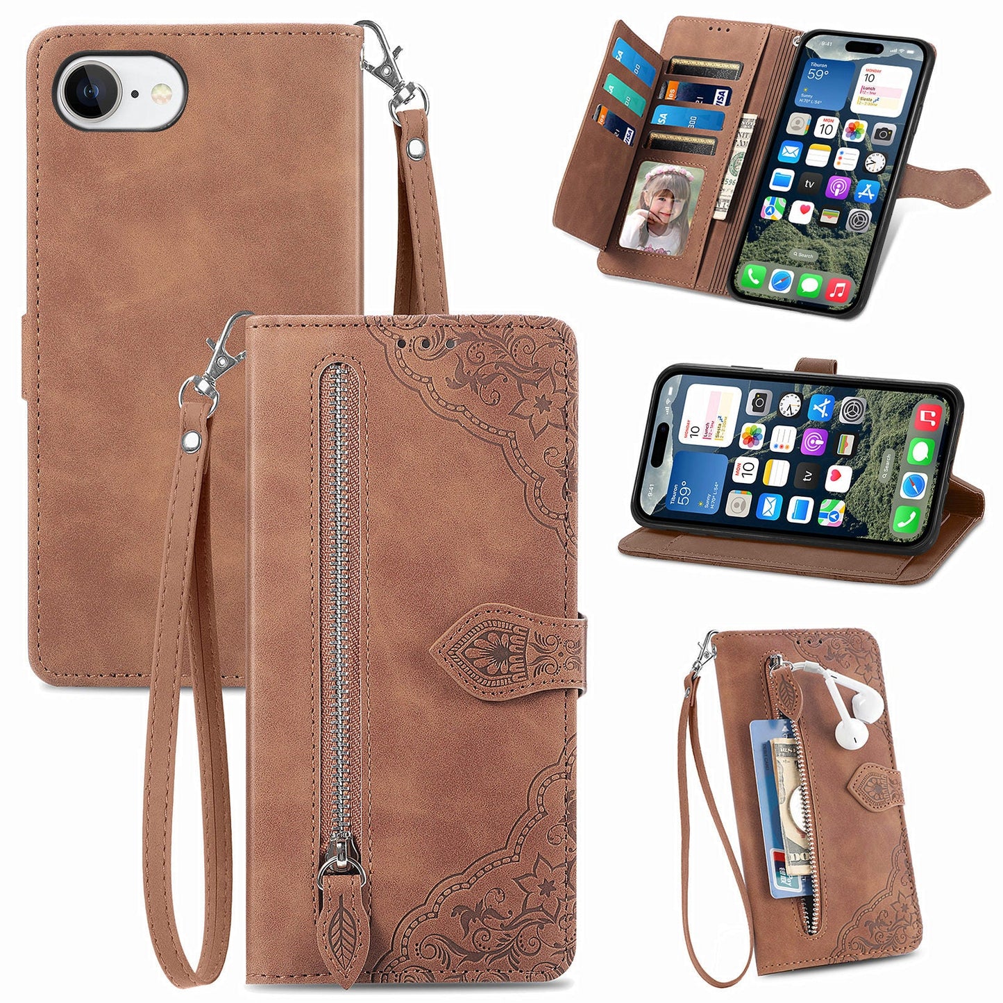 For iPhone 16e Zipper Wallet Case Flower Imprint PU Leather Phone Cover with Strap - Brown