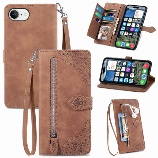 For iPhone 16e Zipper Wallet Case Flower Imprint PU Leather Phone Cover with Strap - Brown