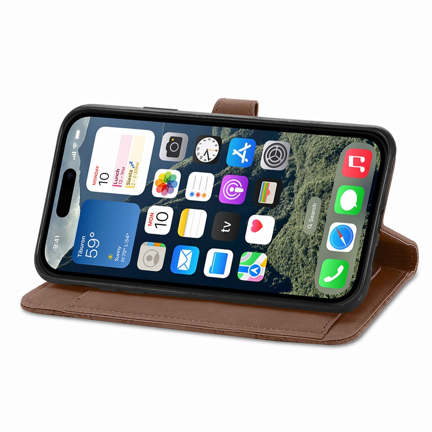 For iPhone 16e Zipper Wallet Case Flower Imprint PU Leather Phone Cover with Strap - Brown