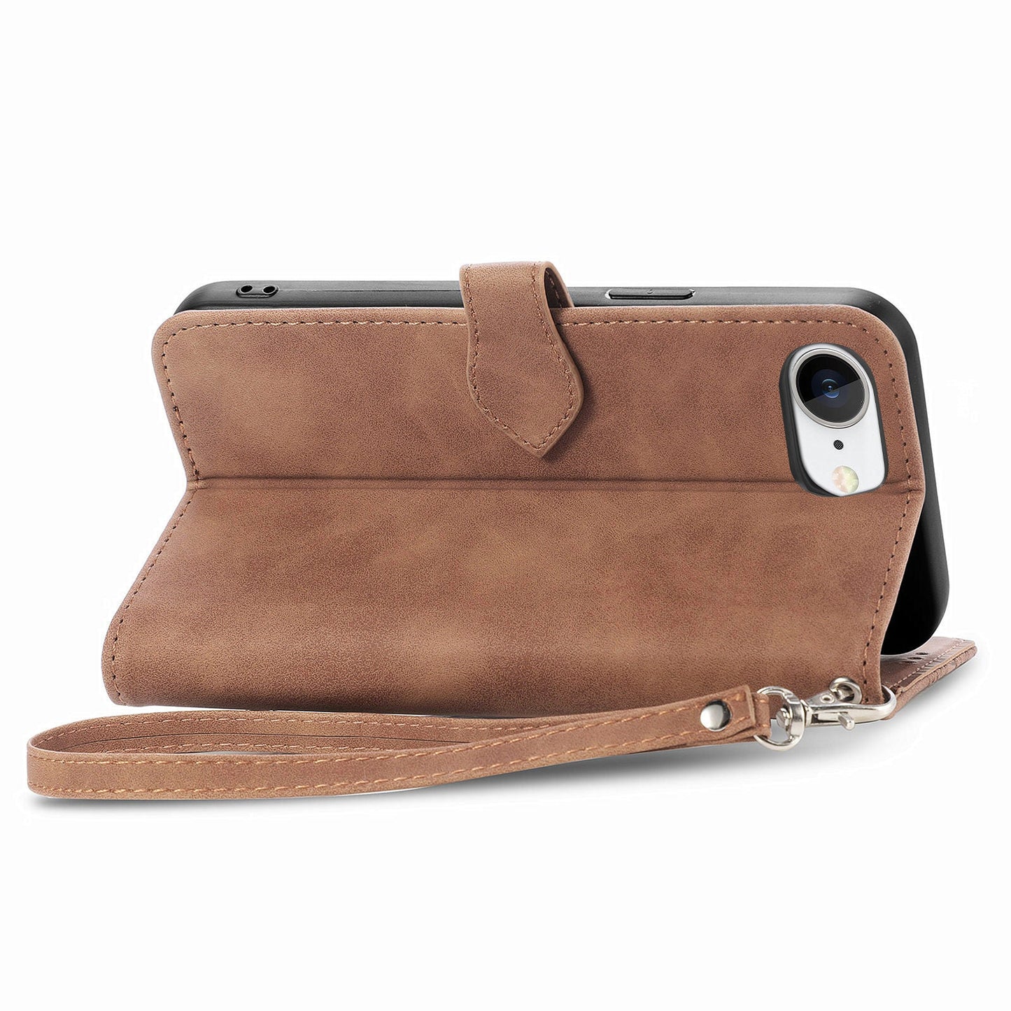 For iPhone 16e Zipper Wallet Case Flower Imprint PU Leather Phone Cover with Strap - Brown