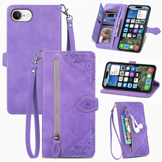 For iPhone 16e Zipper Wallet Case Flower Imprint PU Leather Phone Cover with Strap - Light Purple