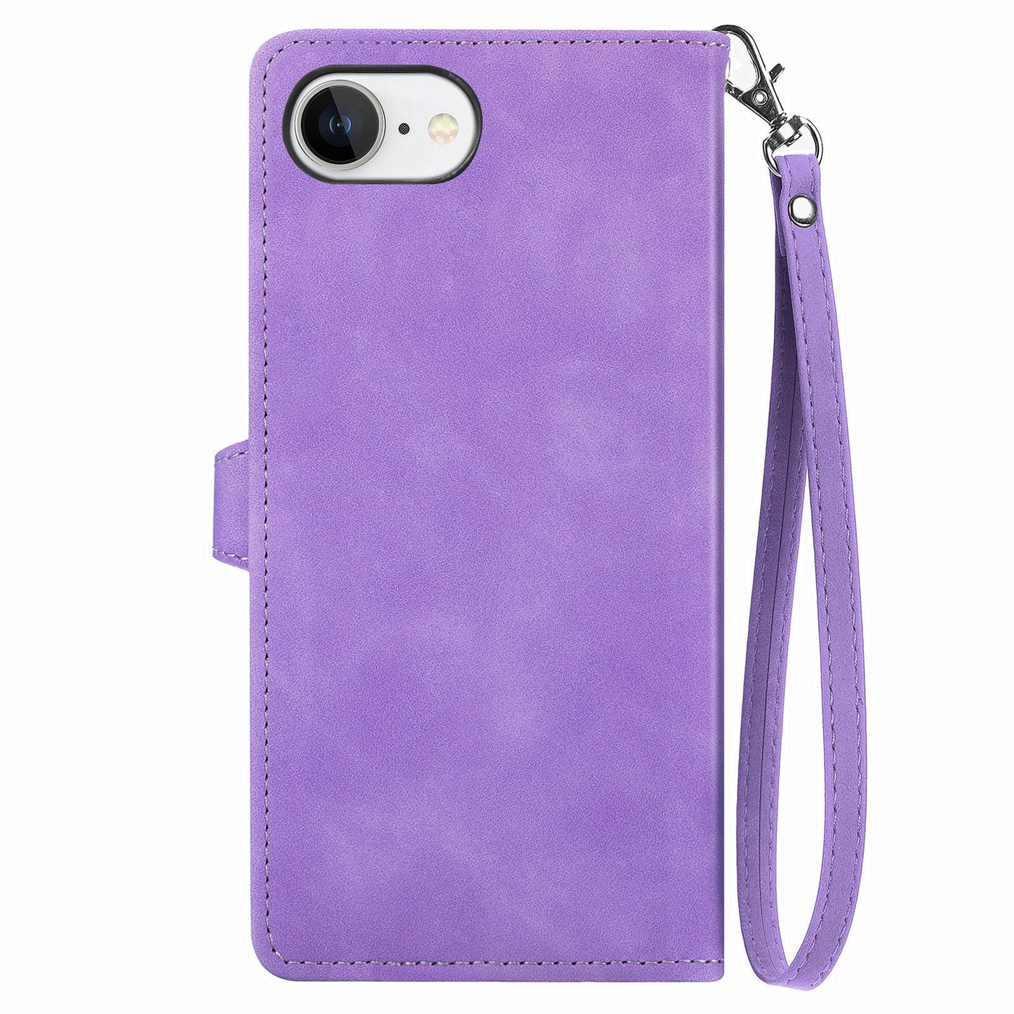 For iPhone 16e Zipper Wallet Case Flower Imprint PU Leather Phone Cover with Strap - Light Purple
