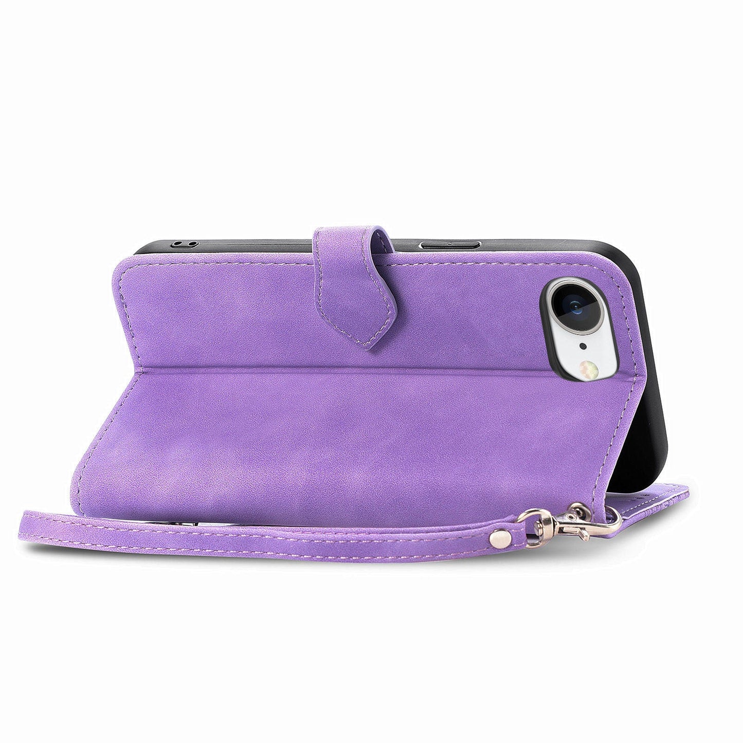 For iPhone 16e Zipper Wallet Case Flower Imprint PU Leather Phone Cover with Strap - Light Purple