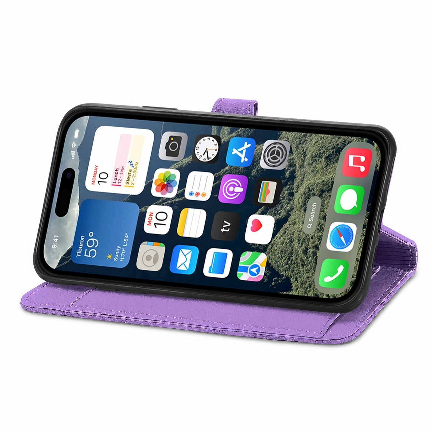 For iPhone 16e Zipper Wallet Case Flower Imprint PU Leather Phone Cover with Strap - Light Purple