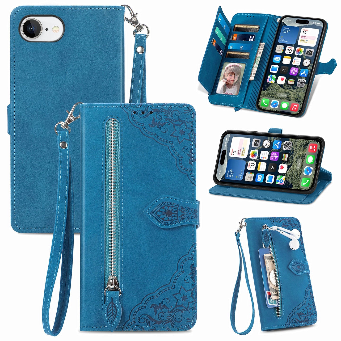 For iPhone 16e Zipper Wallet Case Flower Imprint PU Leather Phone Cover with Strap - Blue