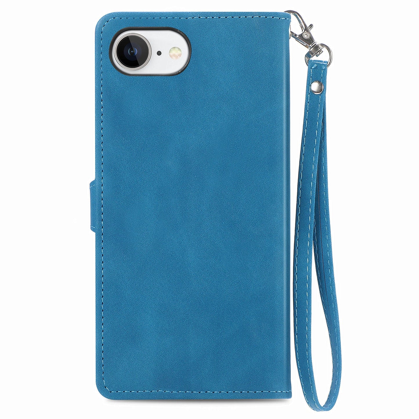 For iPhone 16e Zipper Wallet Case Flower Imprint PU Leather Phone Cover with Strap - Blue