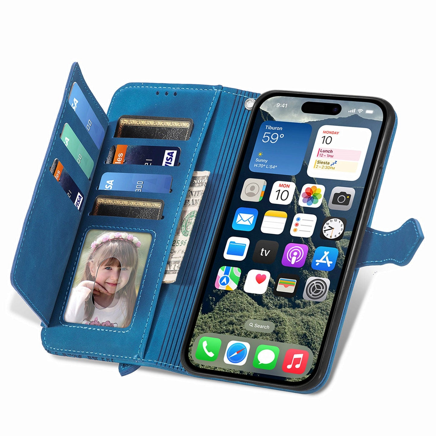 For iPhone 16e Zipper Wallet Case Flower Imprint PU Leather Phone Cover with Strap - Blue