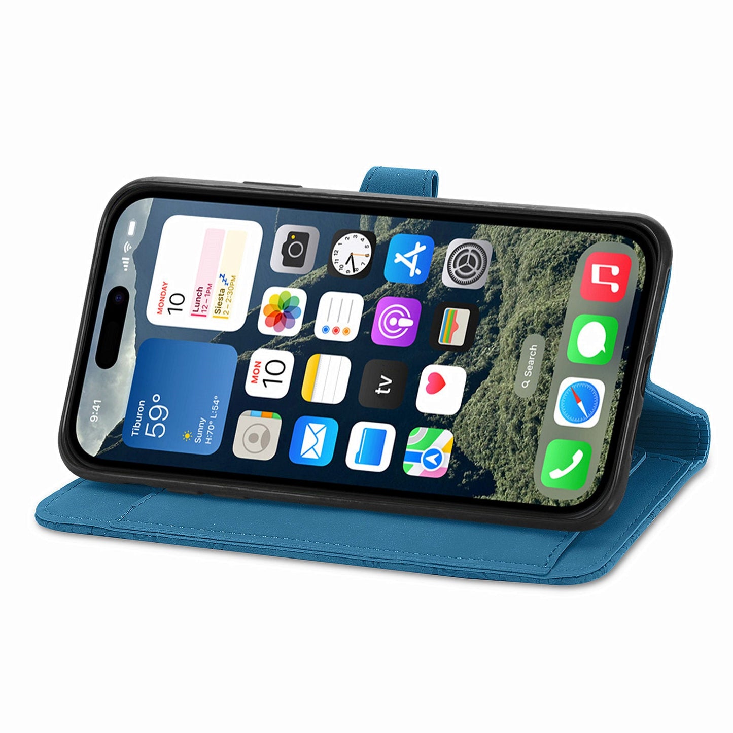 For iPhone 16e Zipper Wallet Case Flower Imprint PU Leather Phone Cover with Strap - Blue