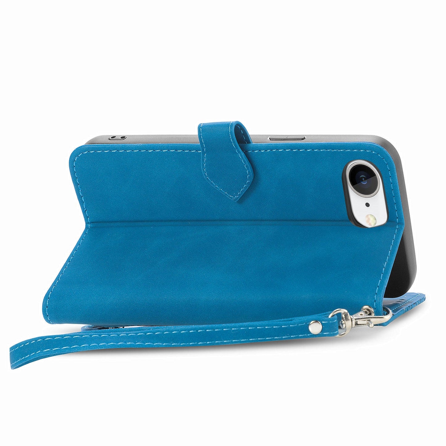 For iPhone 16e Zipper Wallet Case Flower Imprint PU Leather Phone Cover with Strap - Blue