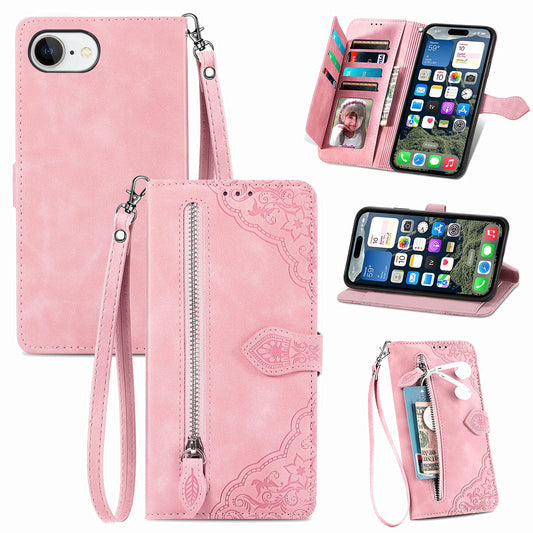 For iPhone 16e Zipper Wallet Case Flower Imprint PU Leather Phone Cover with Strap - Pink