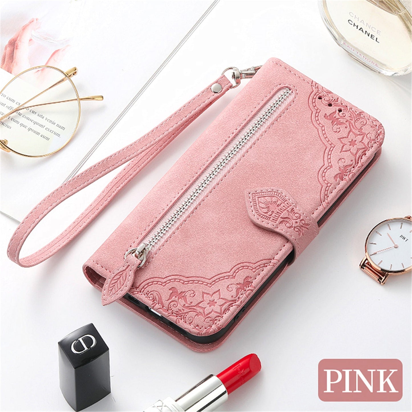For iPhone 16e Zipper Wallet Case Flower Imprint PU Leather Phone Cover with Strap - Pink