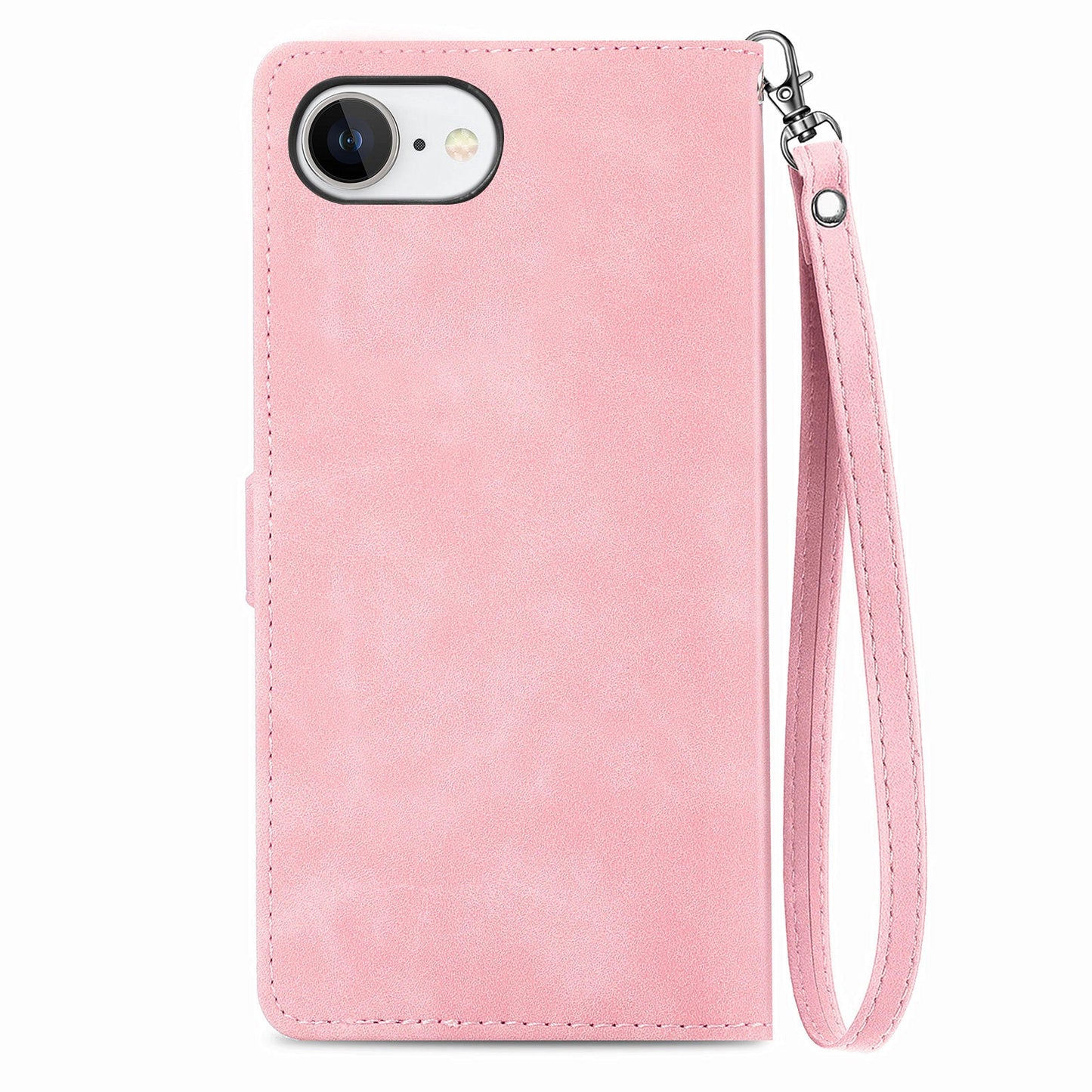 For iPhone 16e Zipper Wallet Case Flower Imprint PU Leather Phone Cover with Strap - Pink