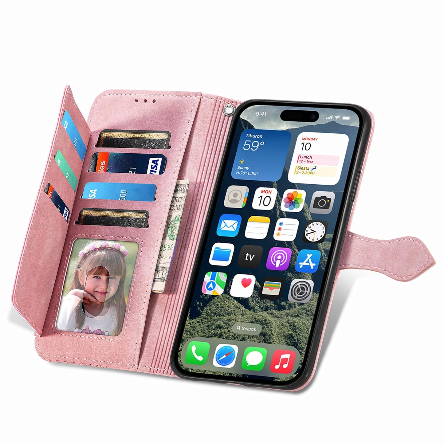 For iPhone 16e Zipper Wallet Case Flower Imprint PU Leather Phone Cover with Strap - Pink