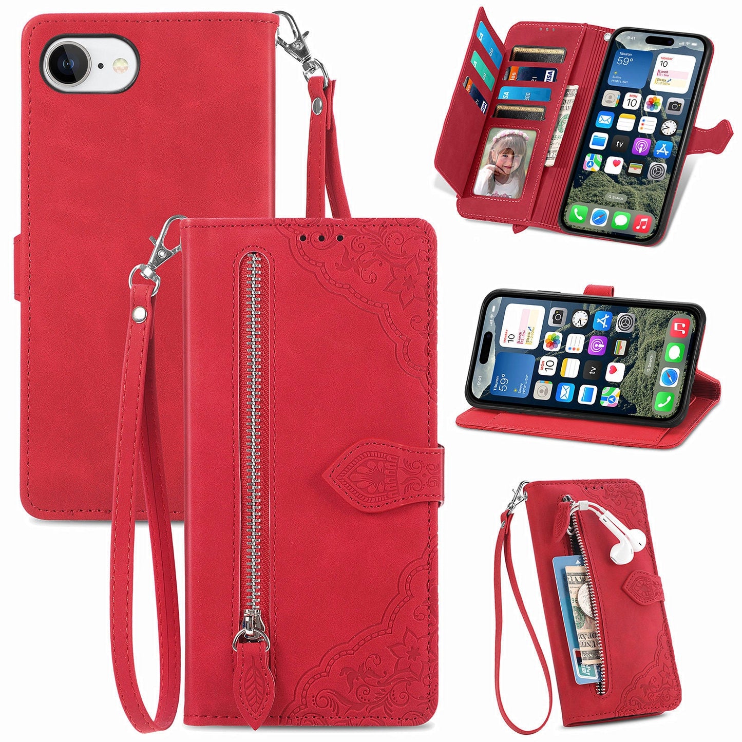 For iPhone 16e Zipper Wallet Case Flower Imprint PU Leather Phone Cover with Strap - Red