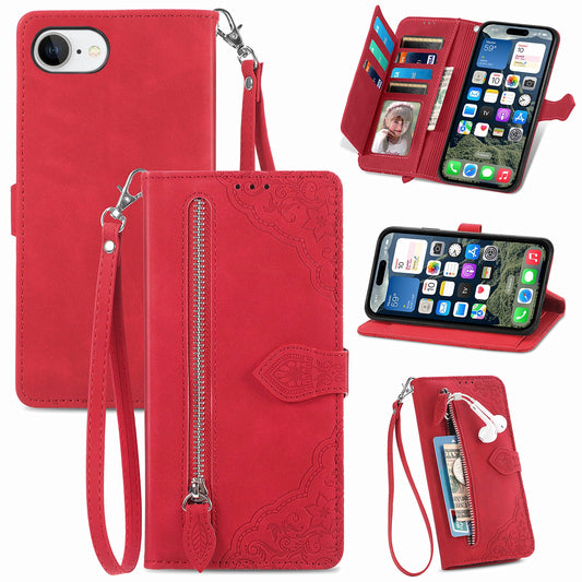 For iPhone 16e Zipper Wallet Case Flower Imprint PU Leather Phone Cover with Strap - Red