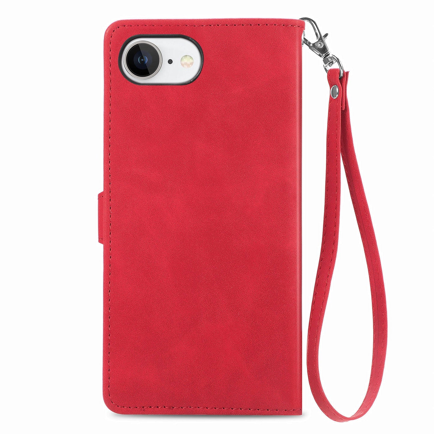 For iPhone 16e Zipper Wallet Case Flower Imprint PU Leather Phone Cover with Strap - Red