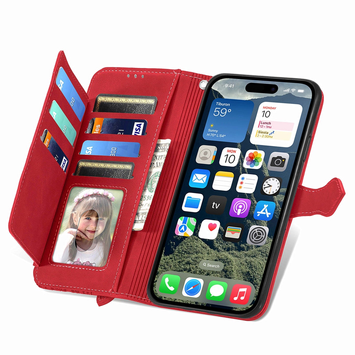 For iPhone 16e Zipper Wallet Case Flower Imprint PU Leather Phone Cover with Strap - Red