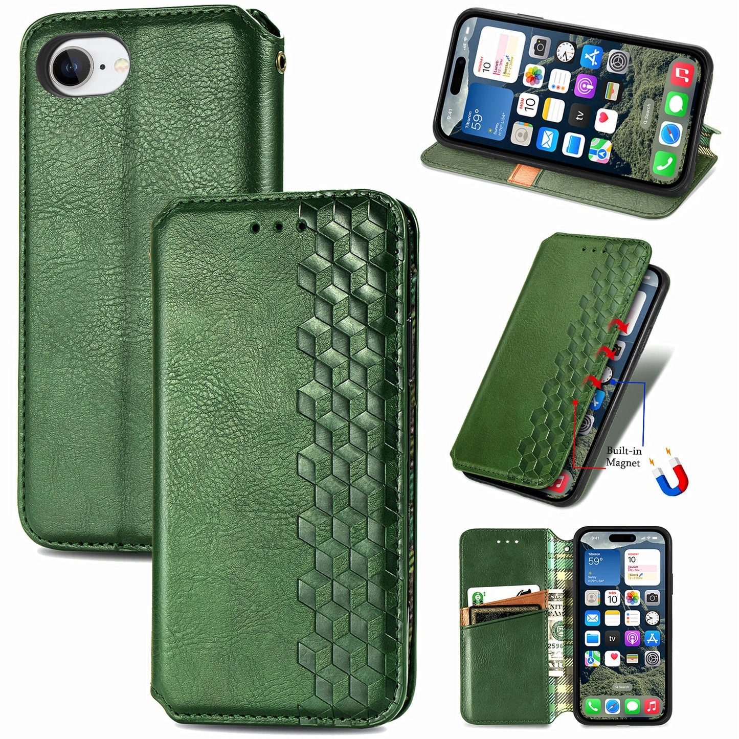 For iPhone 16e PU Leather Case Rhombus Imprint Wallet Stand Phone Cover - Green