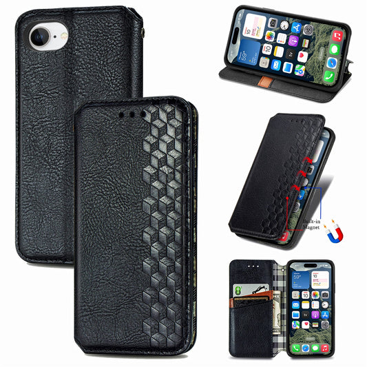 For iPhone 16e PU Leather Case Rhombus Imprint Wallet Stand Phone Cover - Black