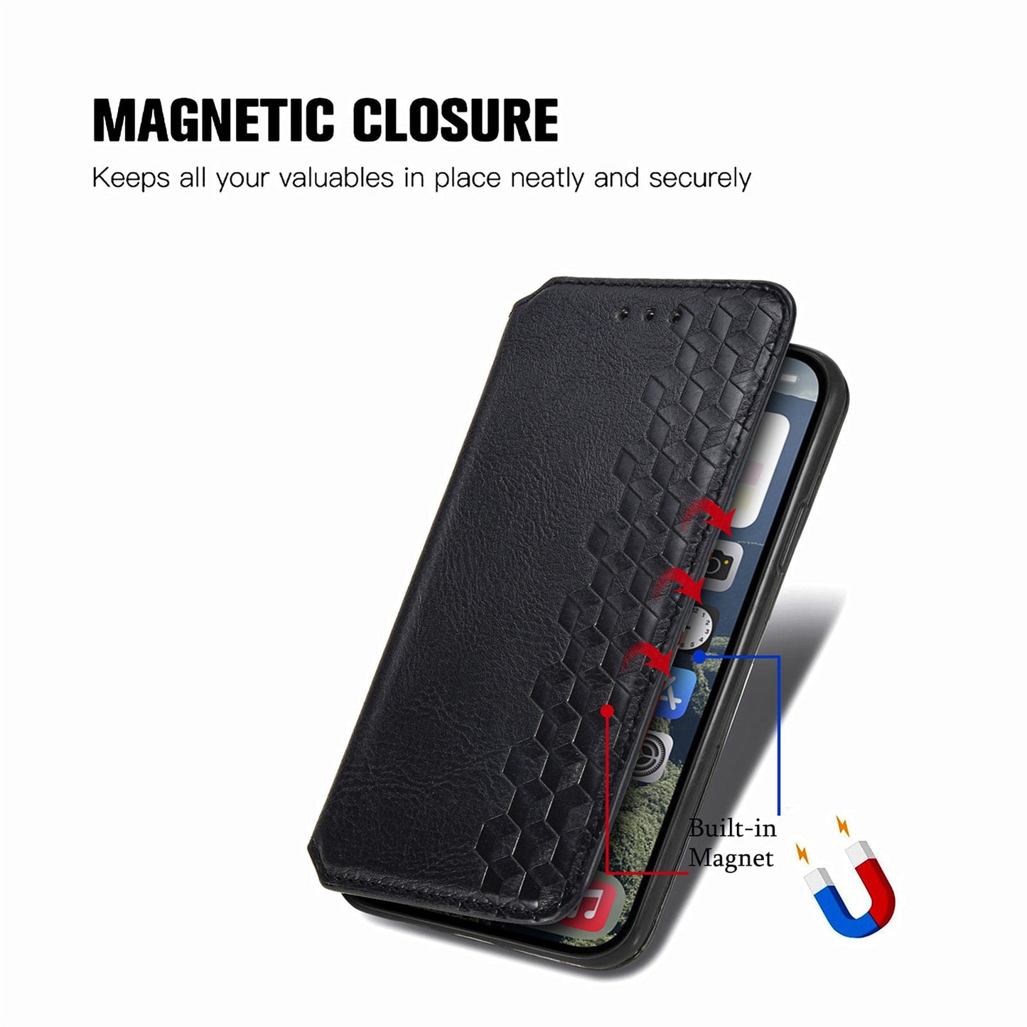 For iPhone 16e PU Leather Case Rhombus Imprint Wallet Stand Phone Cover - Black