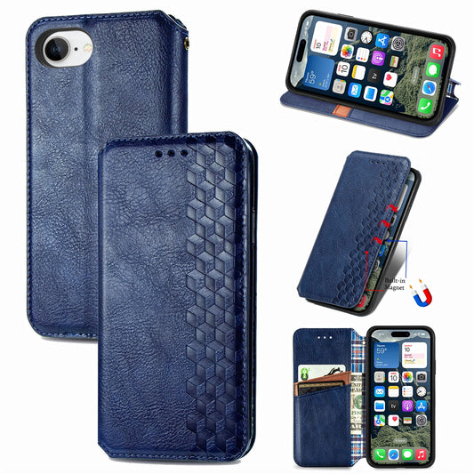 For iPhone 16e PU Leather Case Rhombus Imprint Wallet Stand Phone Cover - Blue