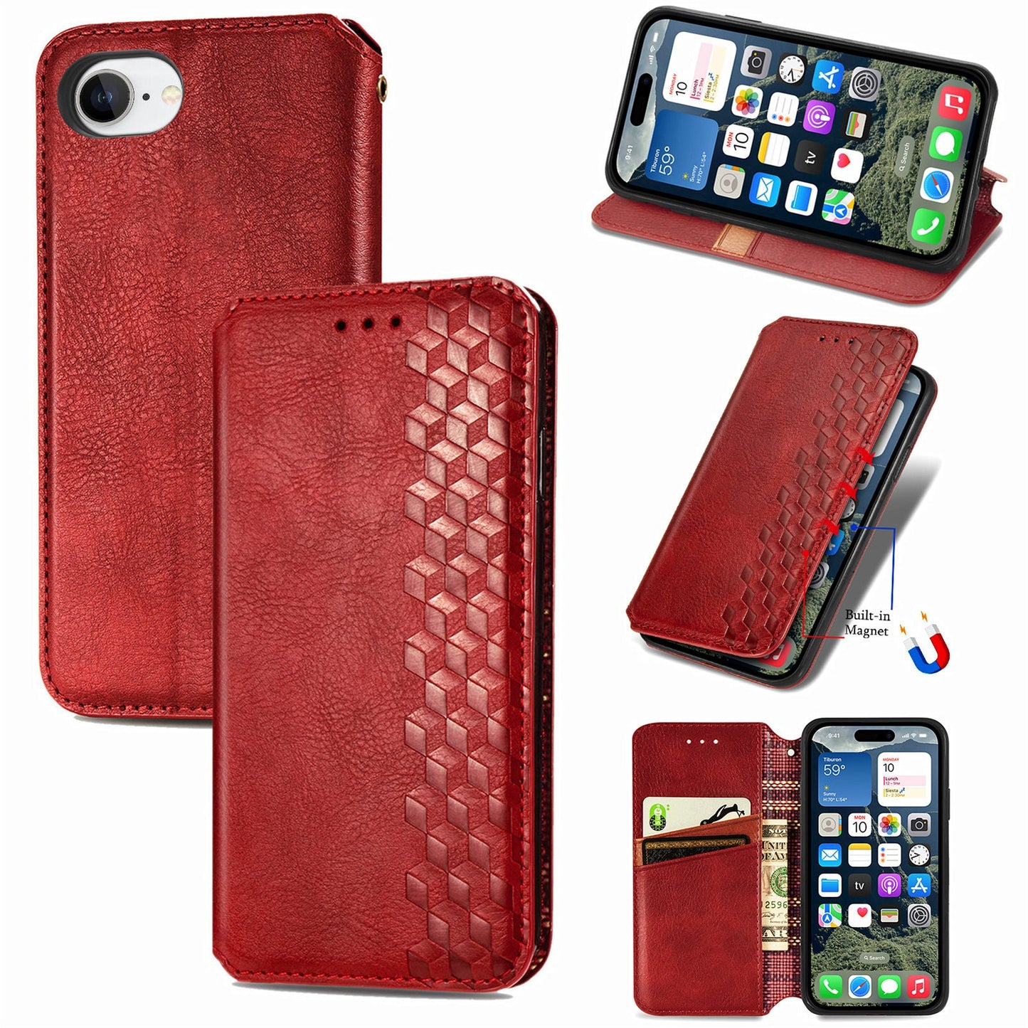 For iPhone 16e PU Leather Case Rhombus Imprint Wallet Stand Phone Cover - Red
