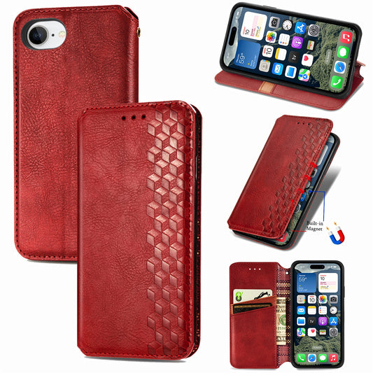 For iPhone 16e PU Leather Case Rhombus Imprint Wallet Stand Phone Cover - Red