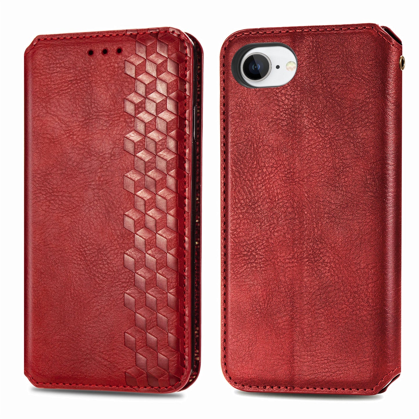 For iPhone 16e PU Leather Case Rhombus Imprint Wallet Stand Phone Cover - Red