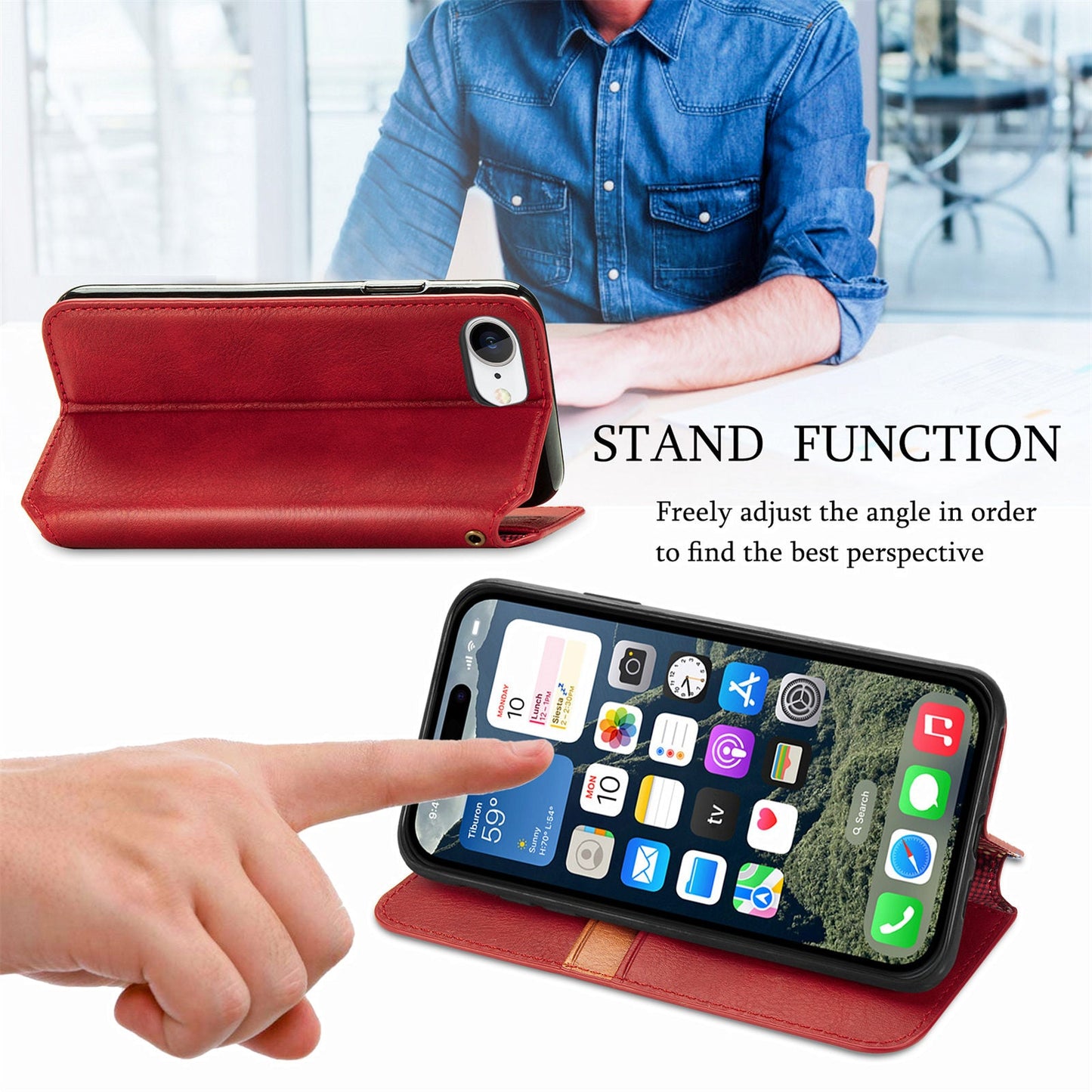 For iPhone 16e PU Leather Case Rhombus Imprint Wallet Stand Phone Cover - Red