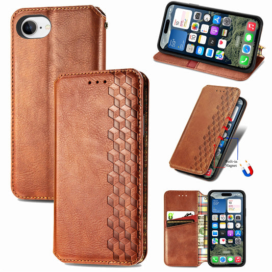 For iPhone 16e PU Leather Case Rhombus Imprint Wallet Stand Phone Cover - Brown