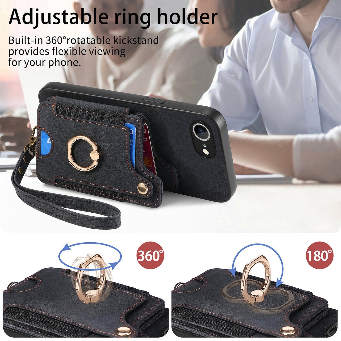 For iPhone 16e Retro PU Leather Back Cover with RFID Blocking Card Holder - Black