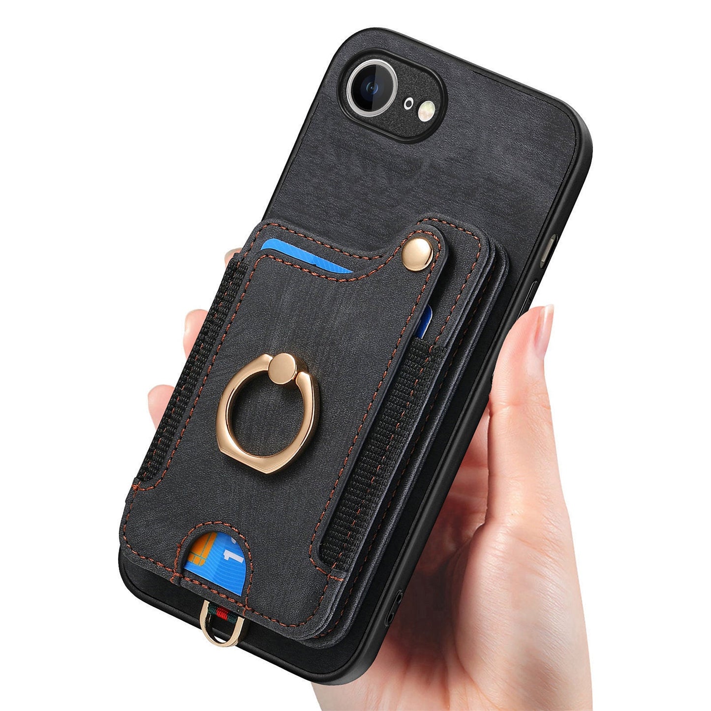 For iPhone 16e Retro PU Leather Back Cover with RFID Blocking Card Holder - Black