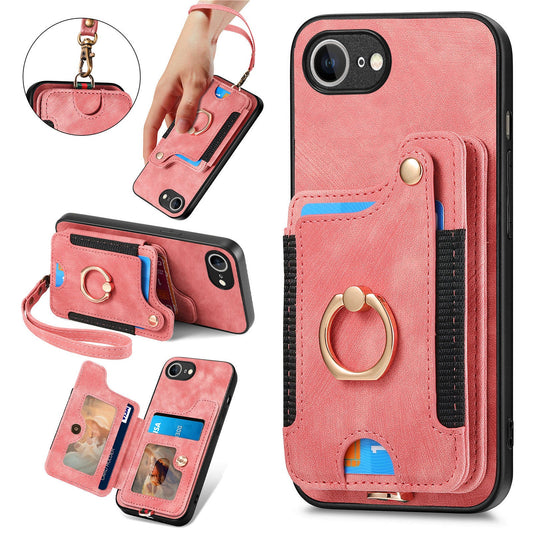For iPhone 16e Retro PU Leather Back Cover with RFID Blocking Card Holder - Pink
