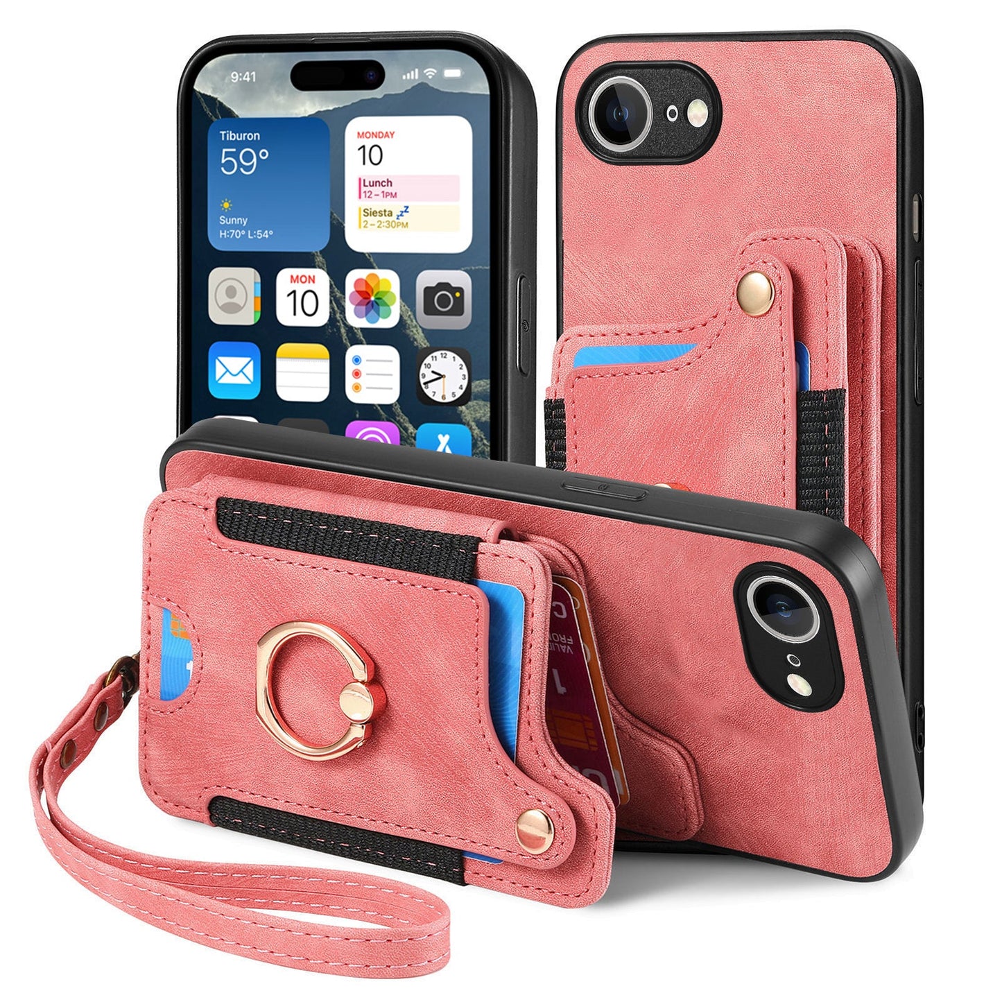 For iPhone 16e Retro PU Leather Back Cover with RFID Blocking Card Holder - Pink