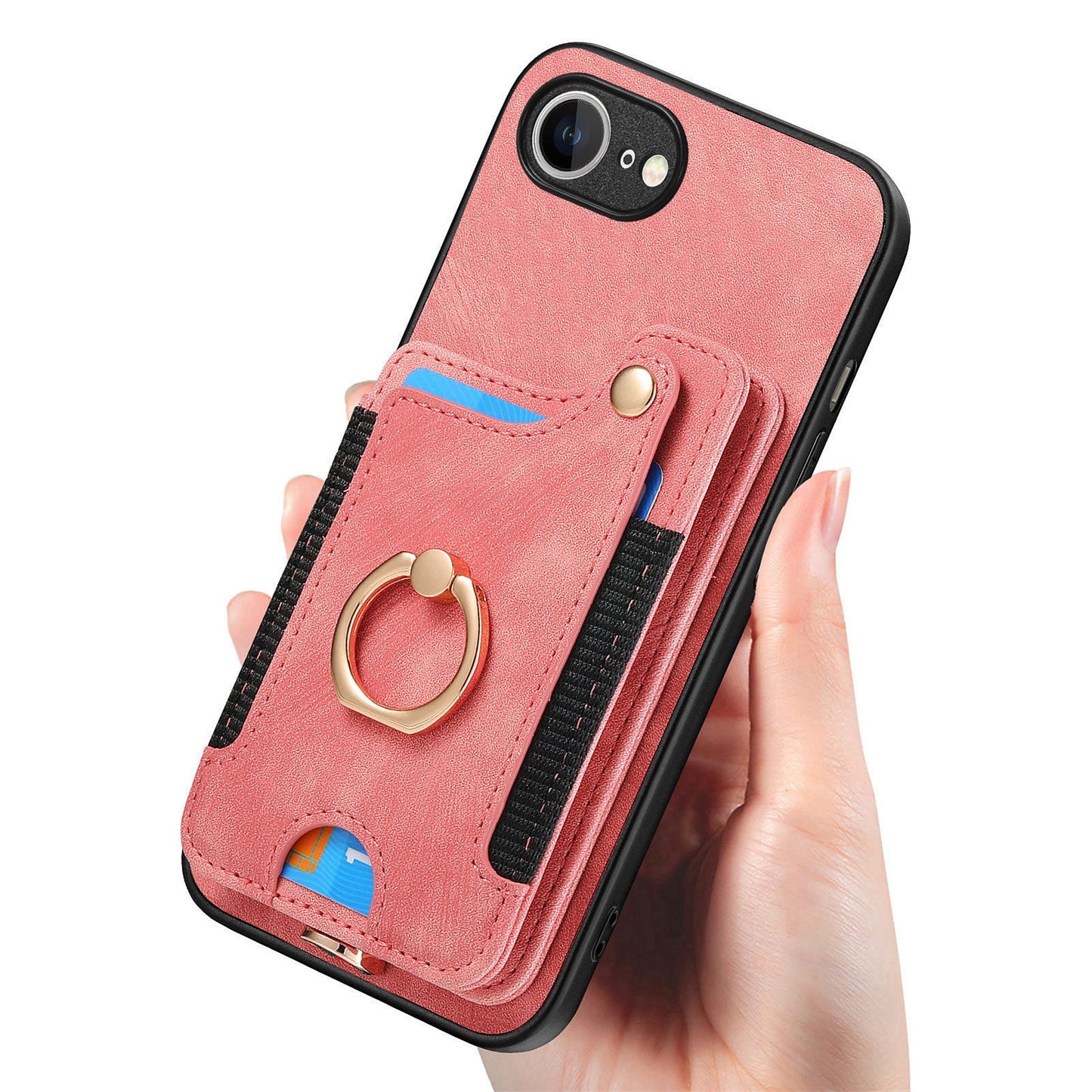 For iPhone 16e Retro PU Leather Back Cover with RFID Blocking Card Holder - Pink