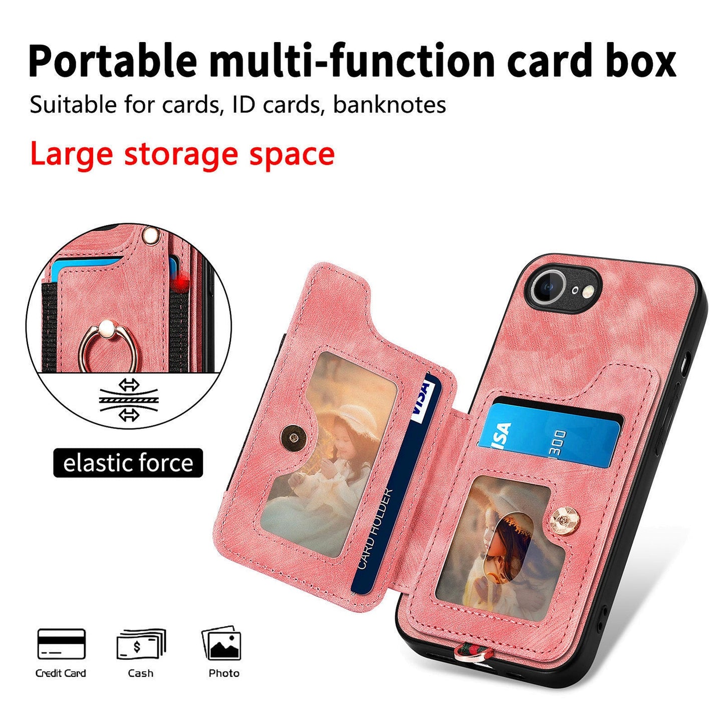 For iPhone 16e Retro PU Leather Back Cover with RFID Blocking Card Holder - Pink
