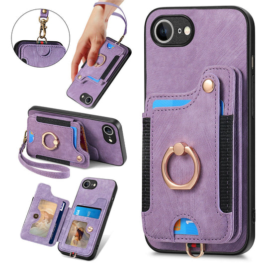 For iPhone 16e Retro PU Leather Back Cover with RFID Blocking Card Holder - Purple
